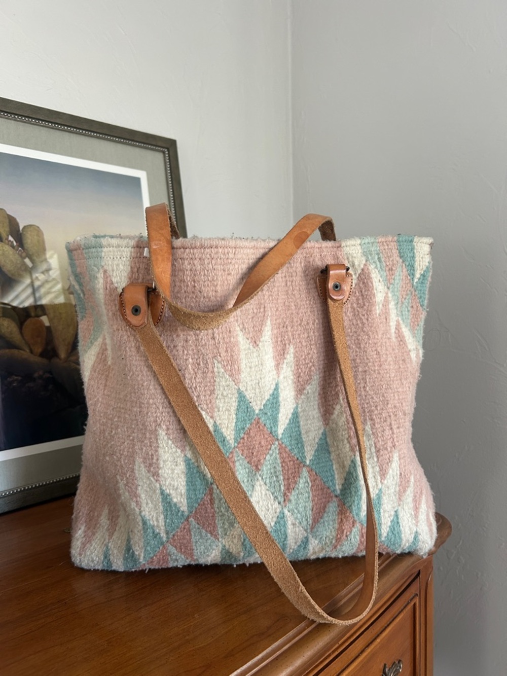Woven Aztec Pattern Tote Bag in Pink, Cream & Teal